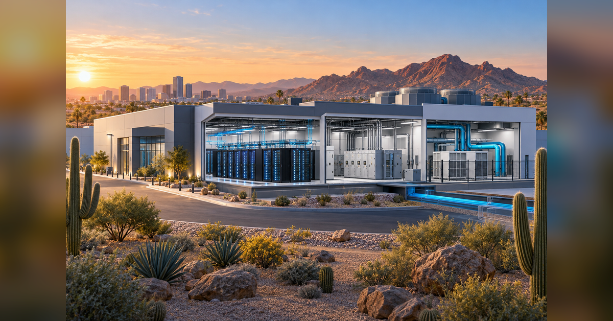 Conceptual Phoenix data center with server, power, cooling and fiber infrastructure in a desert setting