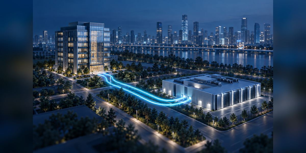 Conceptual Dallas data center buildings connected by separate fiber-network paths