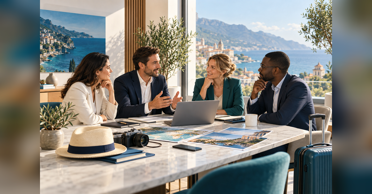 Conceptual business meeting and destination-planning scene for IBTM World 2026