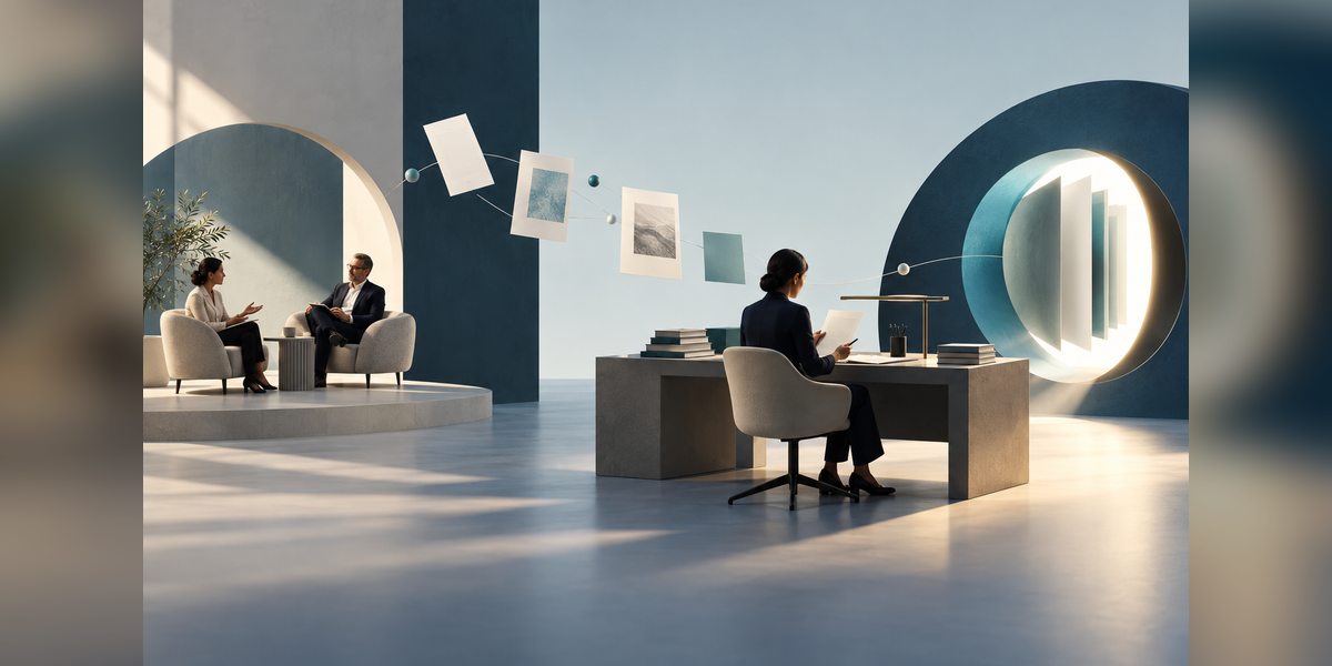 Abstract interview, research and editorial workspaces connected in an enterprise thought leadership composition