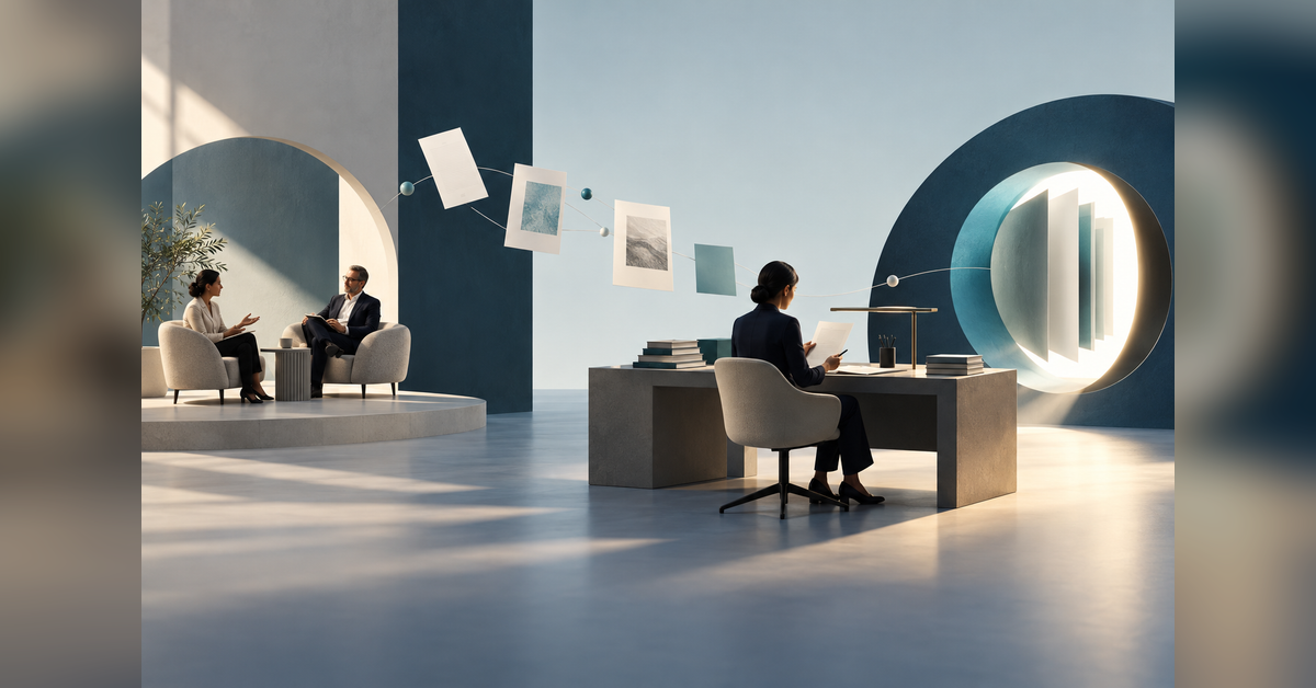 Abstract interview, research and editorial workspaces connected in an enterprise thought leadership composition