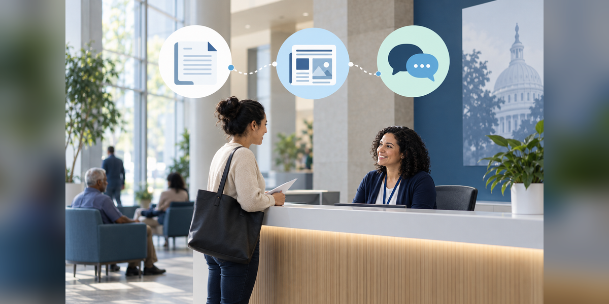 Conceptual government public relations illustration connecting a civic service desk with public information channels