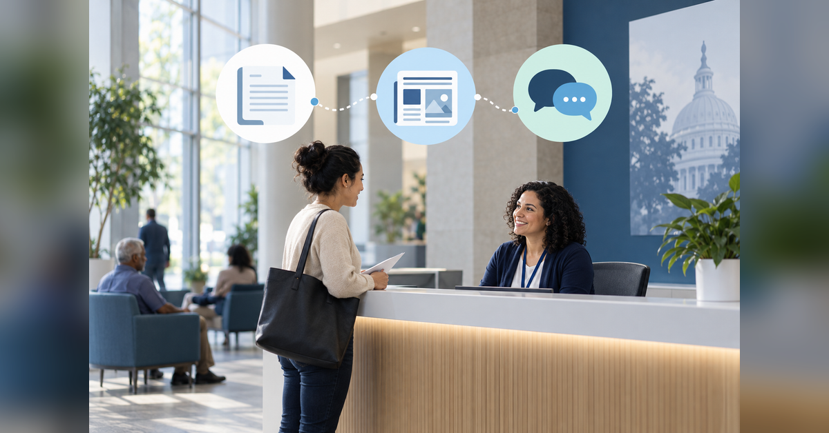 Conceptual government public relations illustration connecting a civic service desk with public information channels