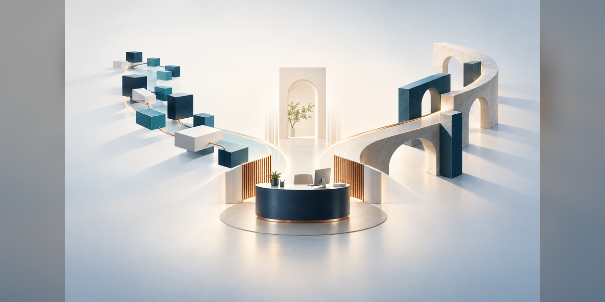 Two distinct search acquisition pathways approaching a law firm's intake workspace