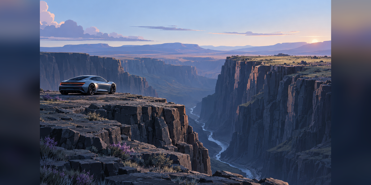 Conceptual sports car beside a canyon, illustrating the Tesla Roadster Snake River Canyon question.