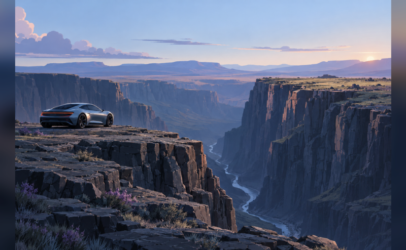 Conceptual sports car beside a canyon, illustrating the Tesla Roadster Snake River Canyon question.