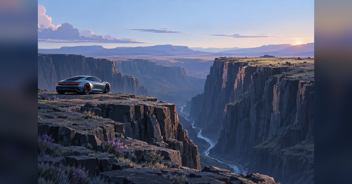 Conceptual sports car beside a canyon, illustrating the Tesla Roadster Snake River Canyon question.