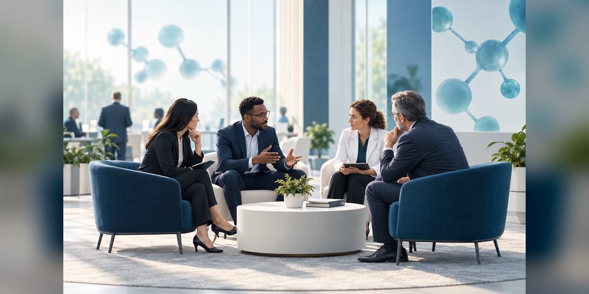 Conceptual biotechnology conference meeting scene for AAPS National Biotechnology Conference 2027 planning