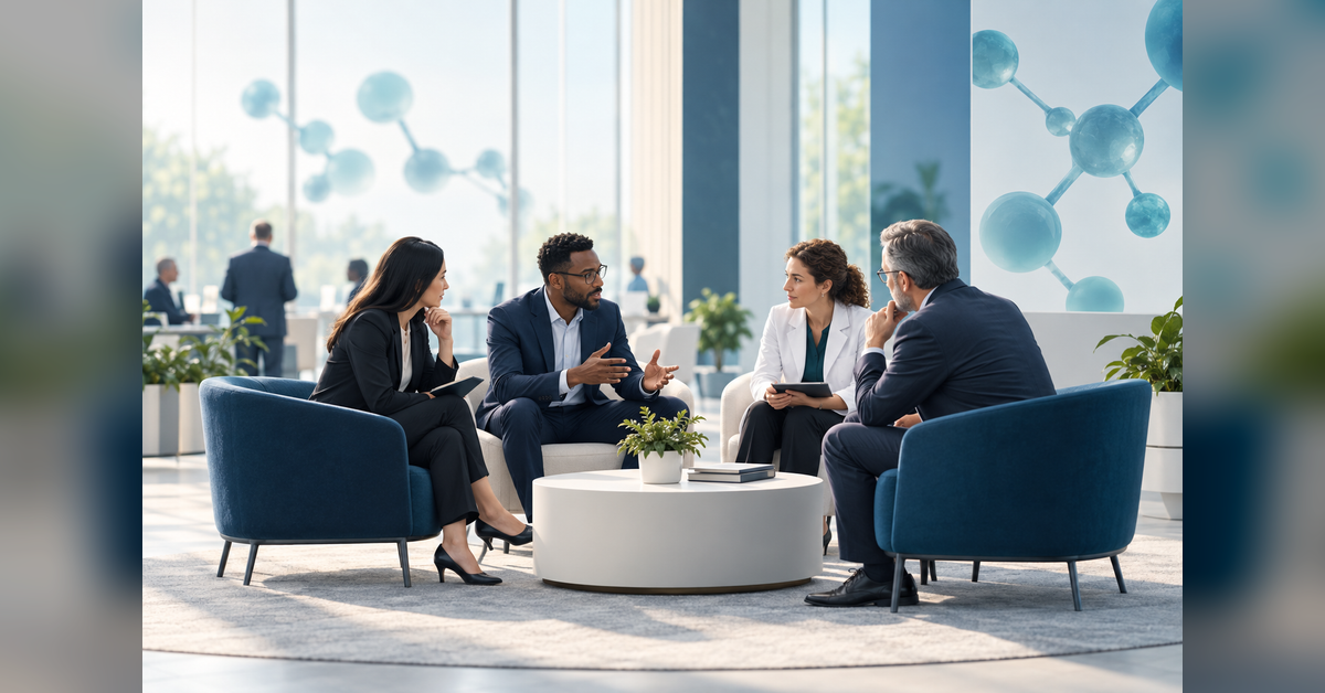 Conceptual biotechnology conference meeting scene for AAPS National Biotechnology Conference 2027 planning