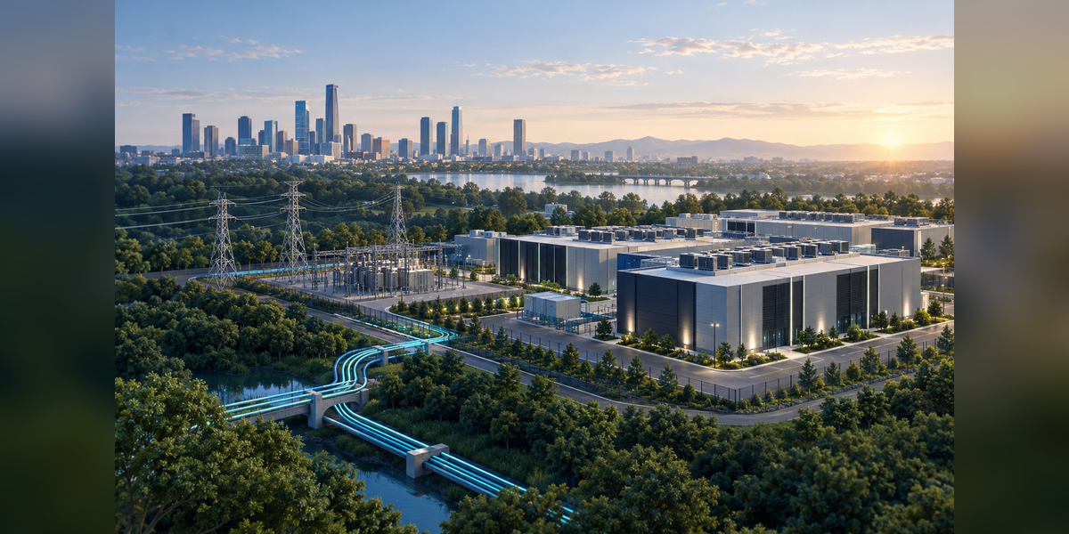 Conceptual view of emerging data center markets connecting facilities, power infrastructure and fiber routes.
