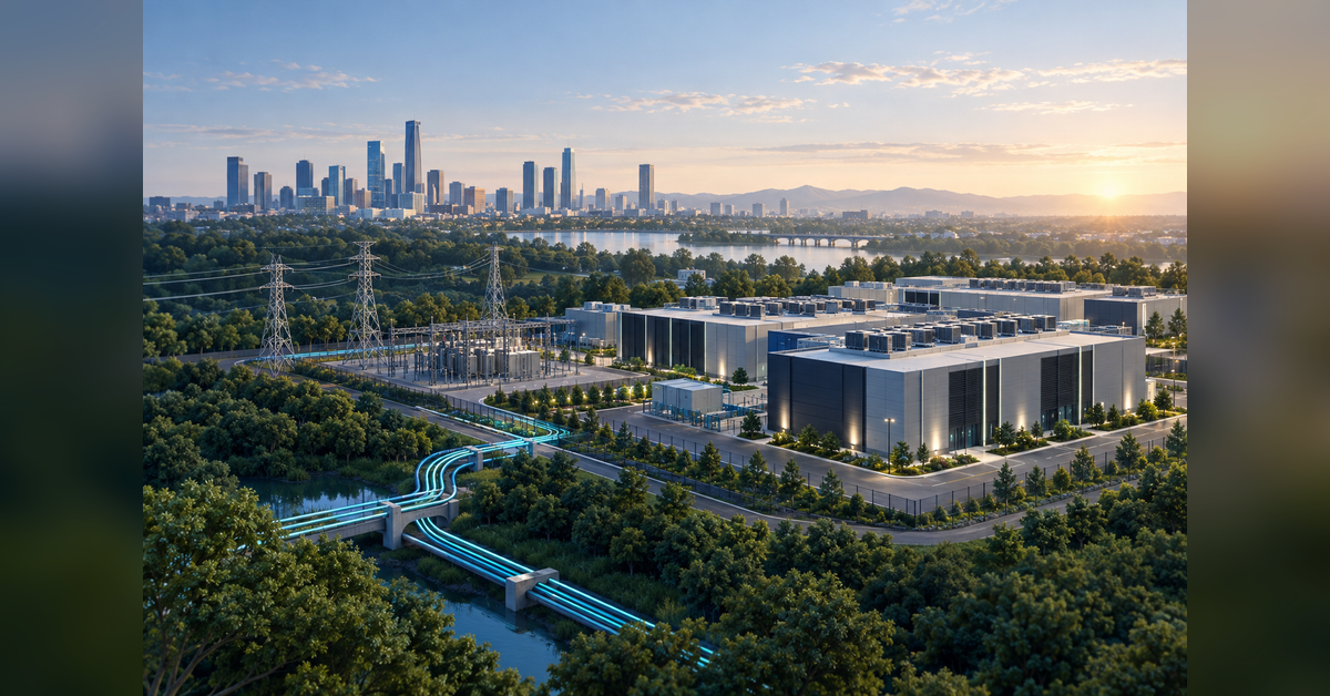 Conceptual view of emerging data center markets connecting facilities, power infrastructure and fiber routes.