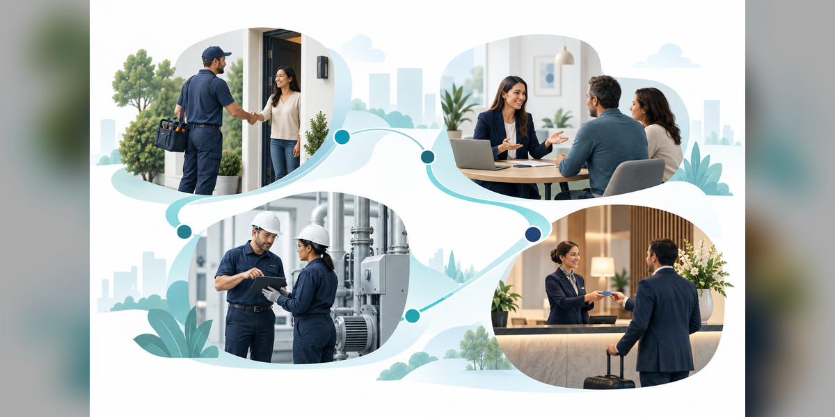 Connected scenes of local repair, consulting, industrial maintenance and hospitality services