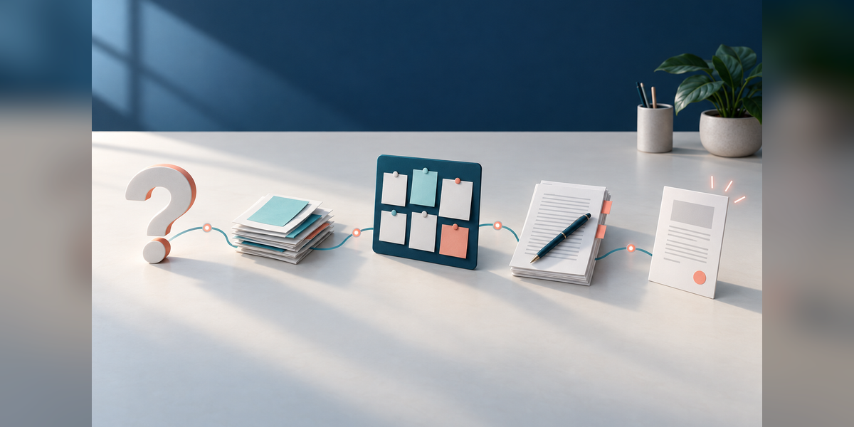 Conceptual AEO workflow connecting a question, source documents, an editorial plan and a reviewed page