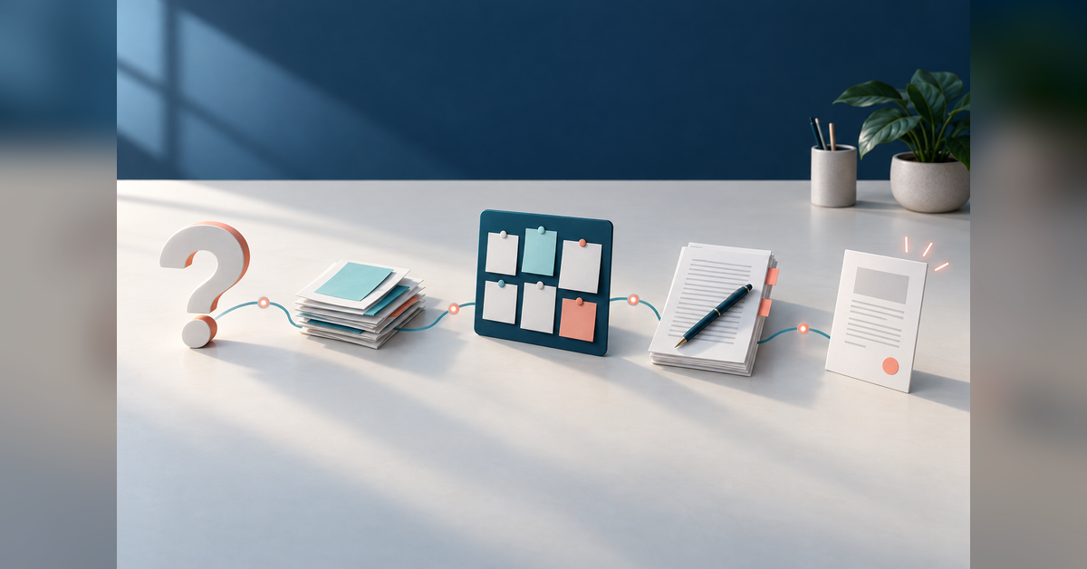 Conceptual AEO workflow connecting a question, source documents, an editorial plan and a reviewed page