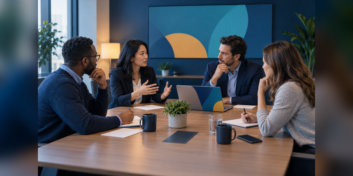 Leadership team rehearsing a crisis communications tabletop exercise in a meeting room