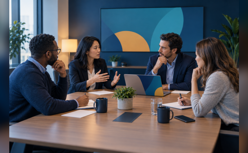 Leadership team rehearsing a crisis communications tabletop exercise in a meeting room
