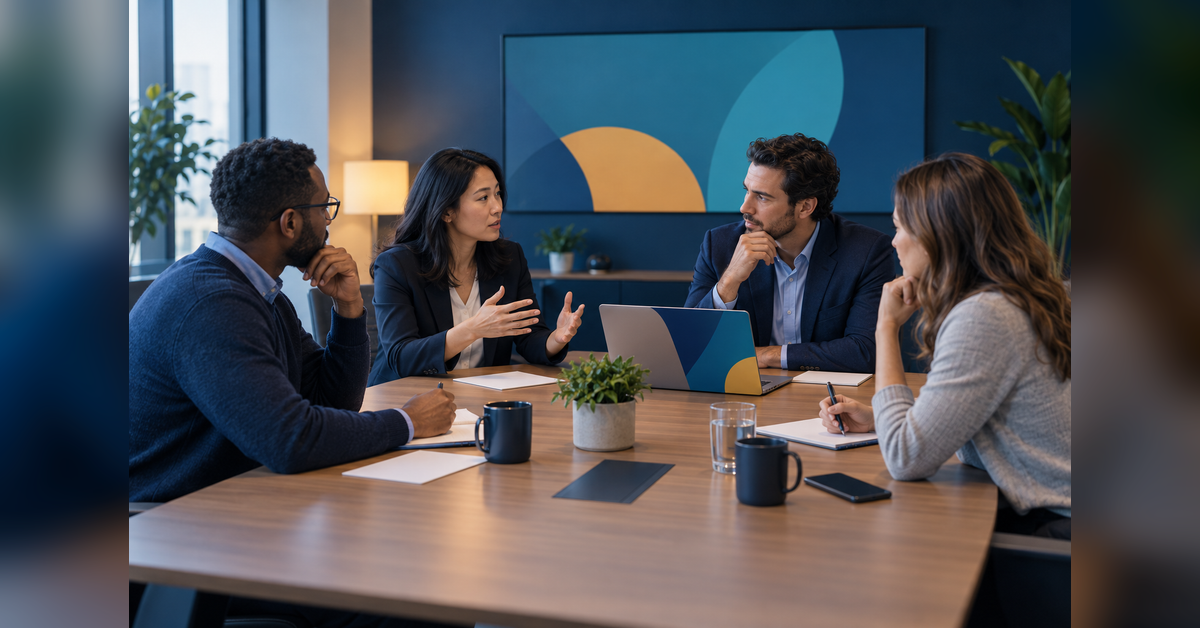Leadership team rehearsing a crisis communications tabletop exercise in a meeting room
