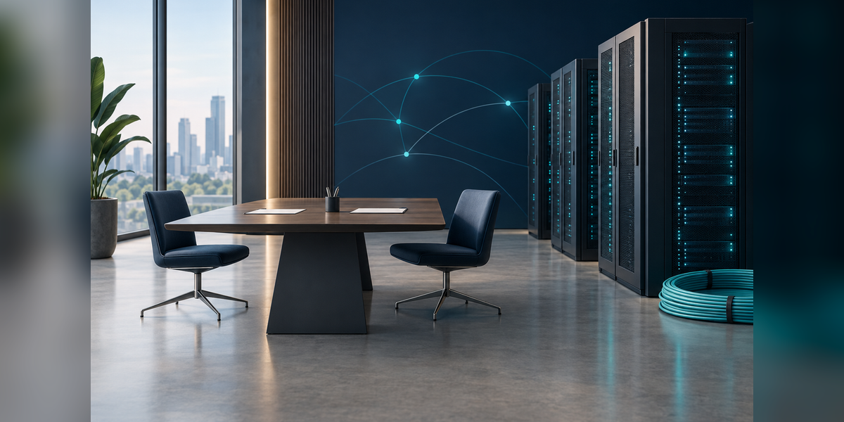 Conceptual meeting table, server cabinets, and fiber cable for Capacity Middle East and Datacloud Middle East 2027 planning