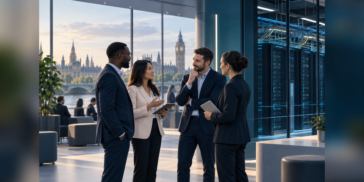 Conceptual artwork for DCD Connect London 2027 showing business professionals and data-center infrastructure