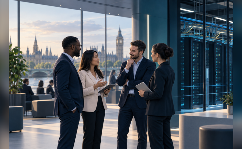 Conceptual artwork for DCD Connect London 2027 showing business professionals and data-center infrastructure