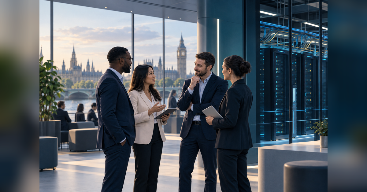 Conceptual artwork for DCD Connect London 2027 showing business professionals and data-center infrastructure