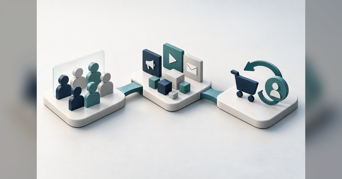 Marketing budget optimization illustrated with connected audience, channel and sales feedback pathways