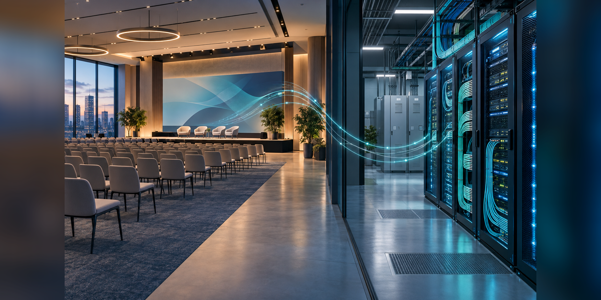 Conceptual conference meeting space with server racks and fiber connections for an OCP EMEA Summit 2027 planning guide