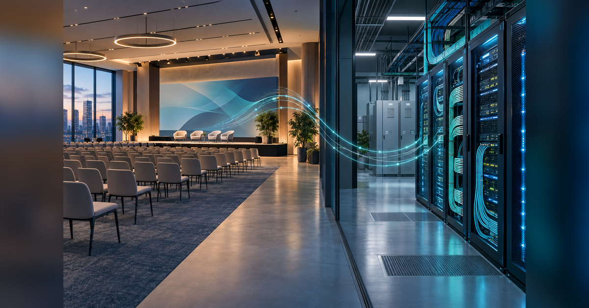 Conceptual conference meeting space with server racks and fiber connections for an OCP EMEA Summit 2027 planning guide