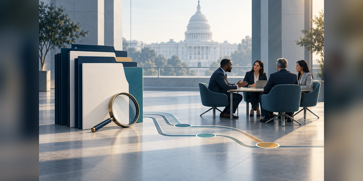 Conceptual government contractor marketing scene with capability documents and a professional meeting table