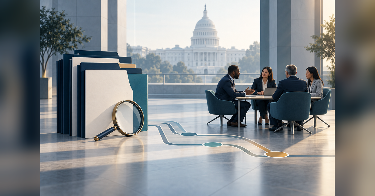 Conceptual government contractor marketing scene with capability documents and a professional meeting table