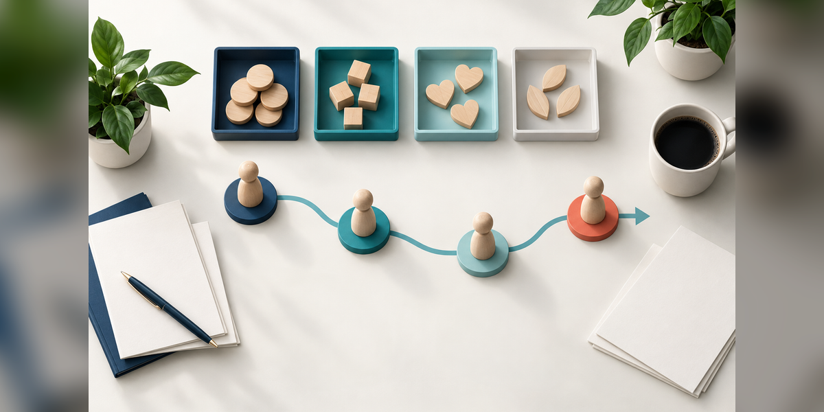 Conceptual nonprofit marketing budget allocation with planning sheets and wooden tokens