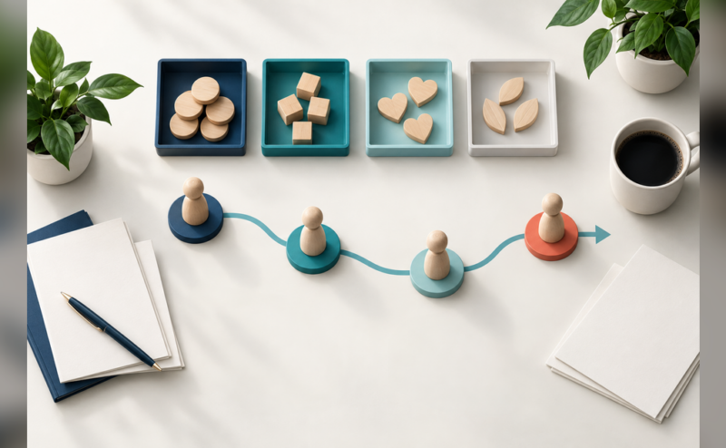Conceptual nonprofit marketing budget allocation with planning sheets and wooden tokens