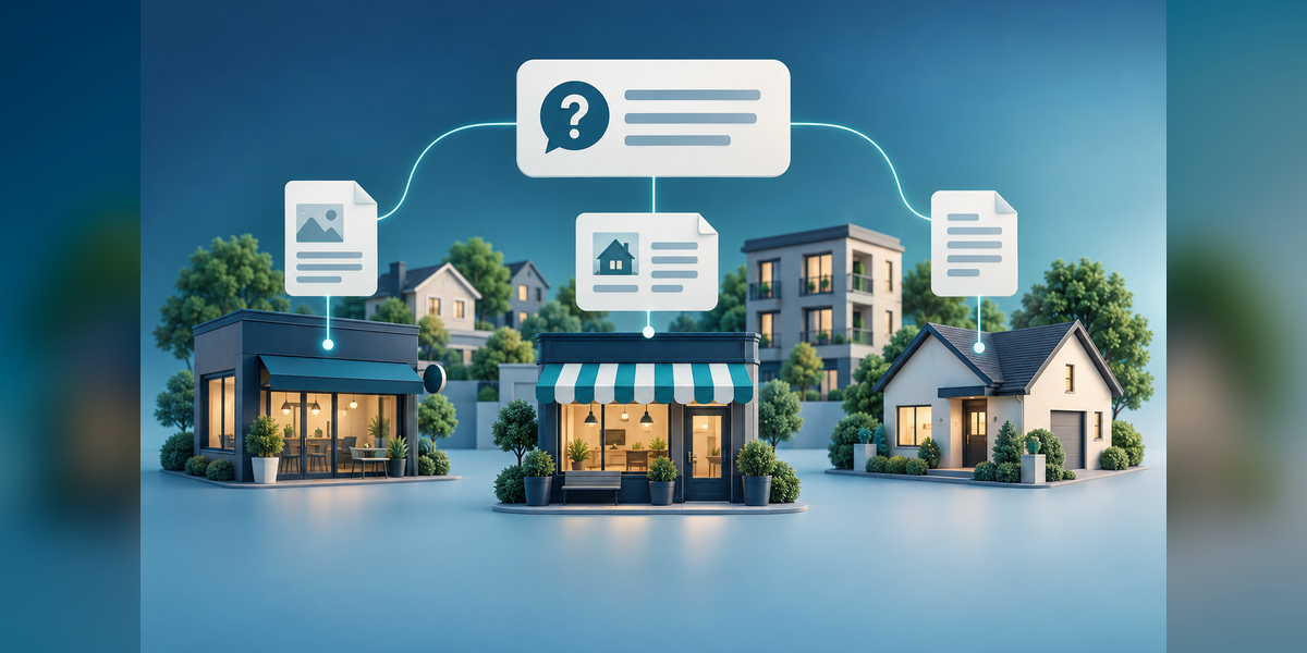 Conceptual local businesses connected to abstract answer cards and supporting source documents