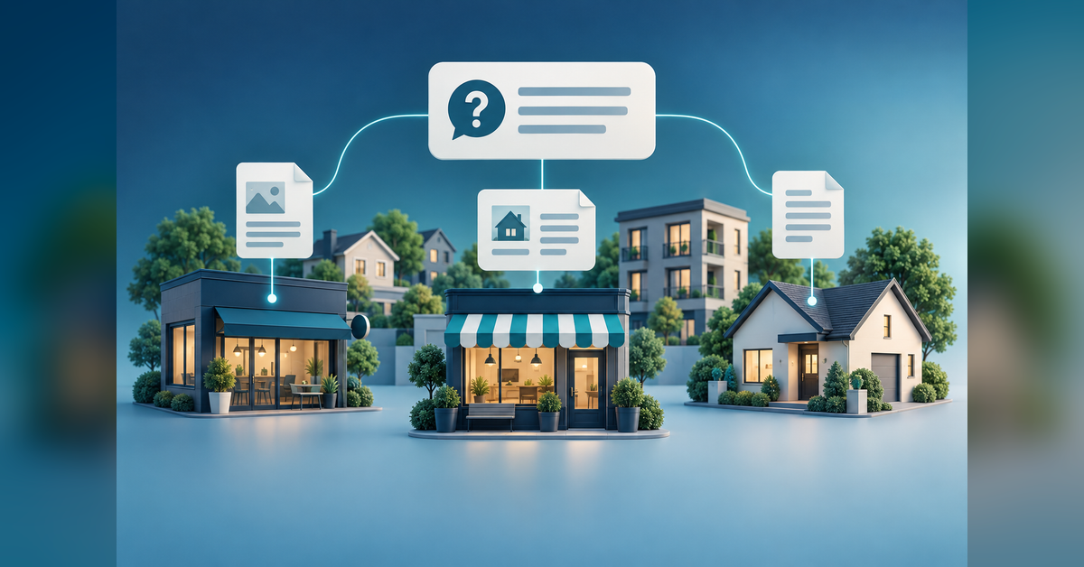 Conceptual local businesses connected to abstract answer cards and supporting source documents