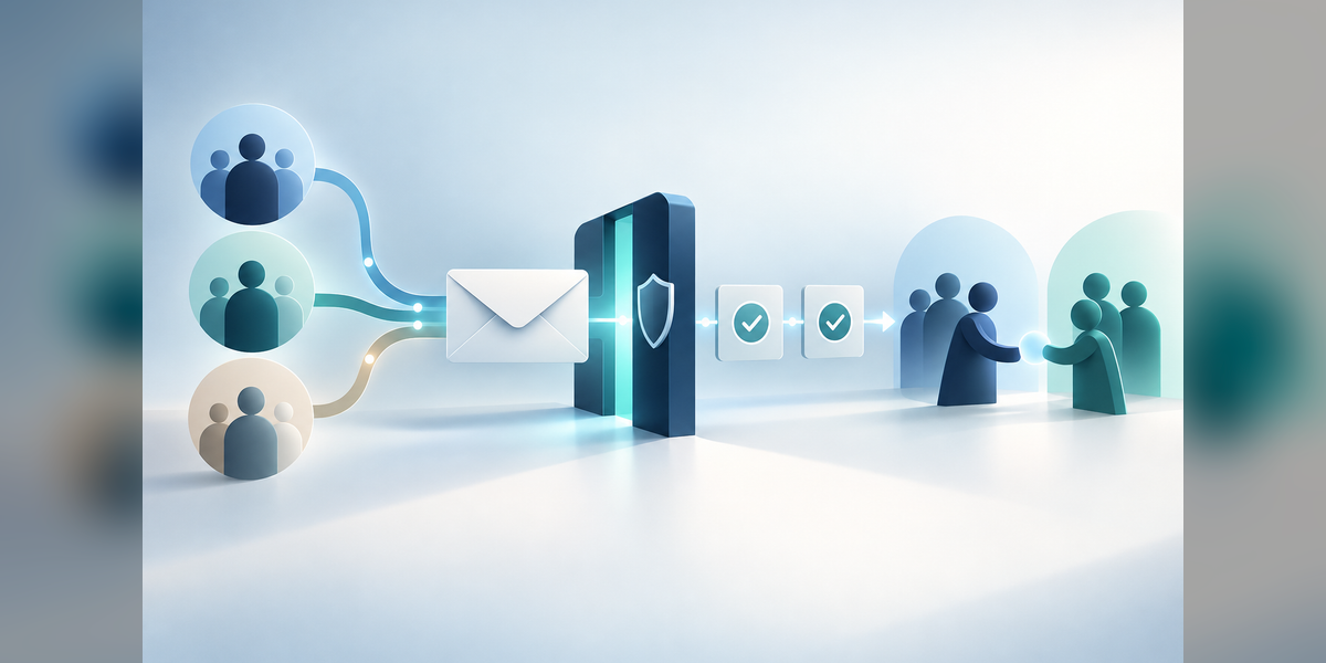 Conceptual healthcare email workflow connecting audience selection, approval checkpoints and team handoff