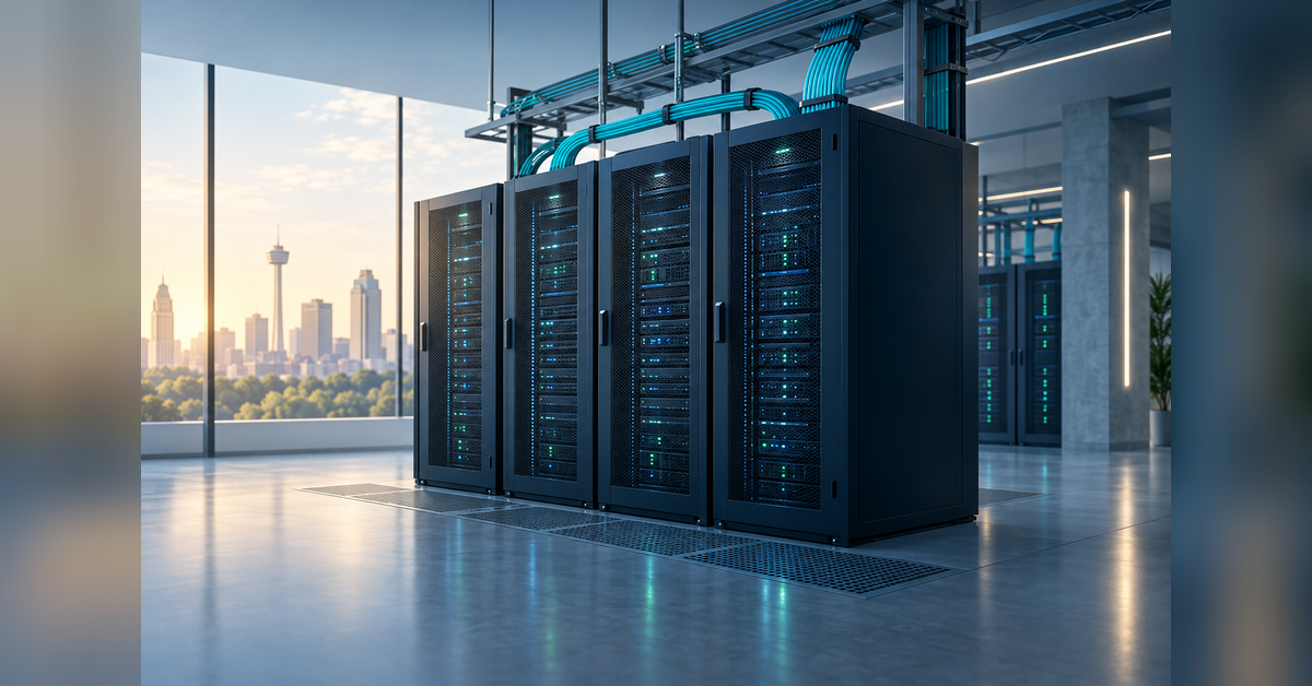 Conceptual server cabinets and fiber connections for a San Antonio data center buyer guide