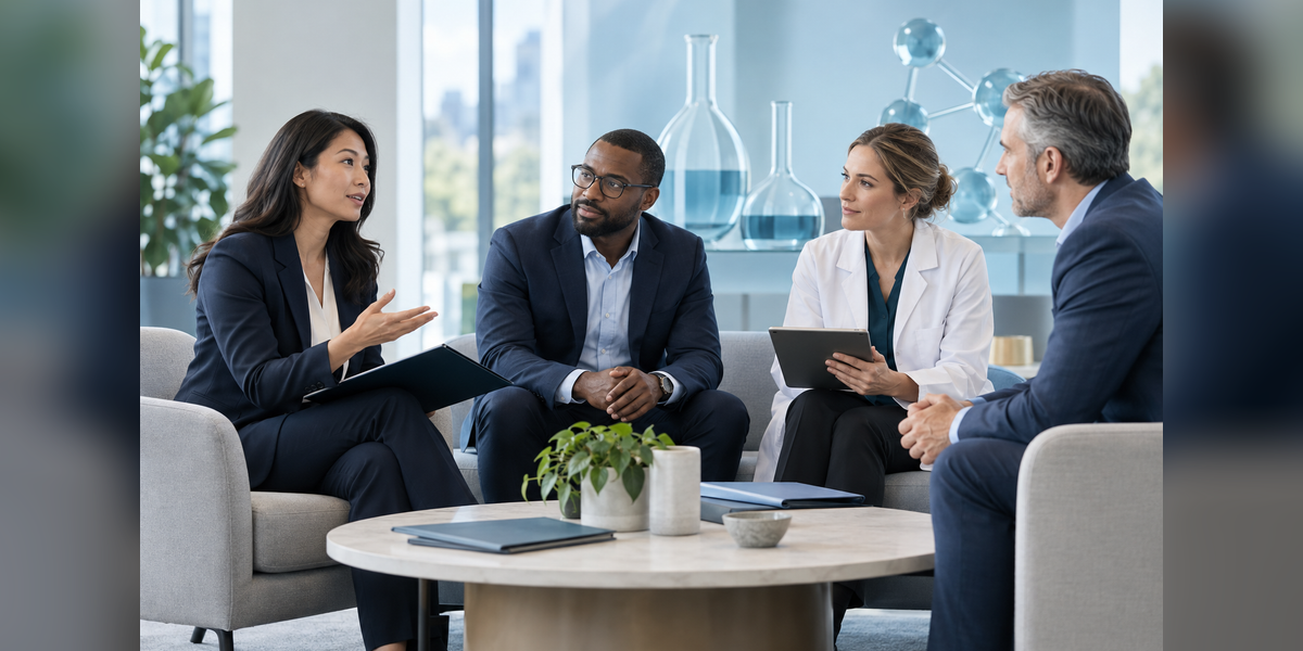 Conceptual pharmaceutical business meeting for the CPHI Americas 2027 event guide