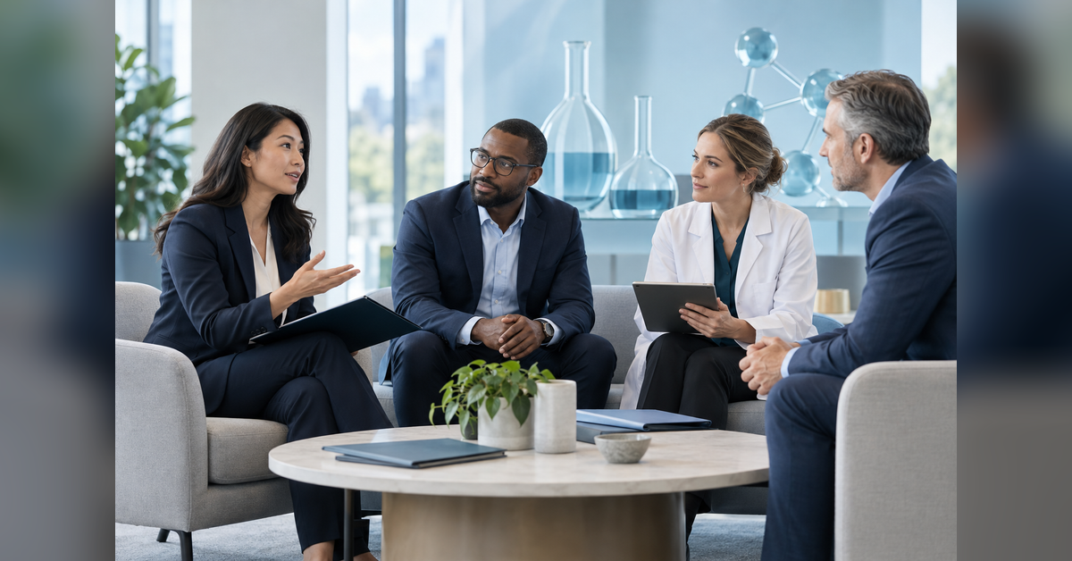 Conceptual pharmaceutical business meeting for the CPHI Americas 2027 event guide