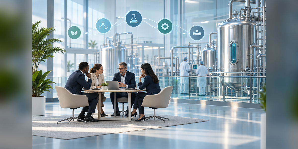Conceptual biopharma manufacturing and meeting artwork for the ISPE Pharma 4.0 conference buyer guide