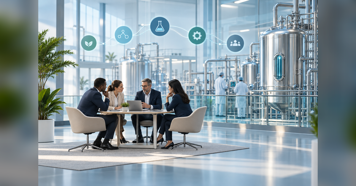 Conceptual biopharma manufacturing and meeting artwork for the ISPE Pharma 4.0 conference buyer guide