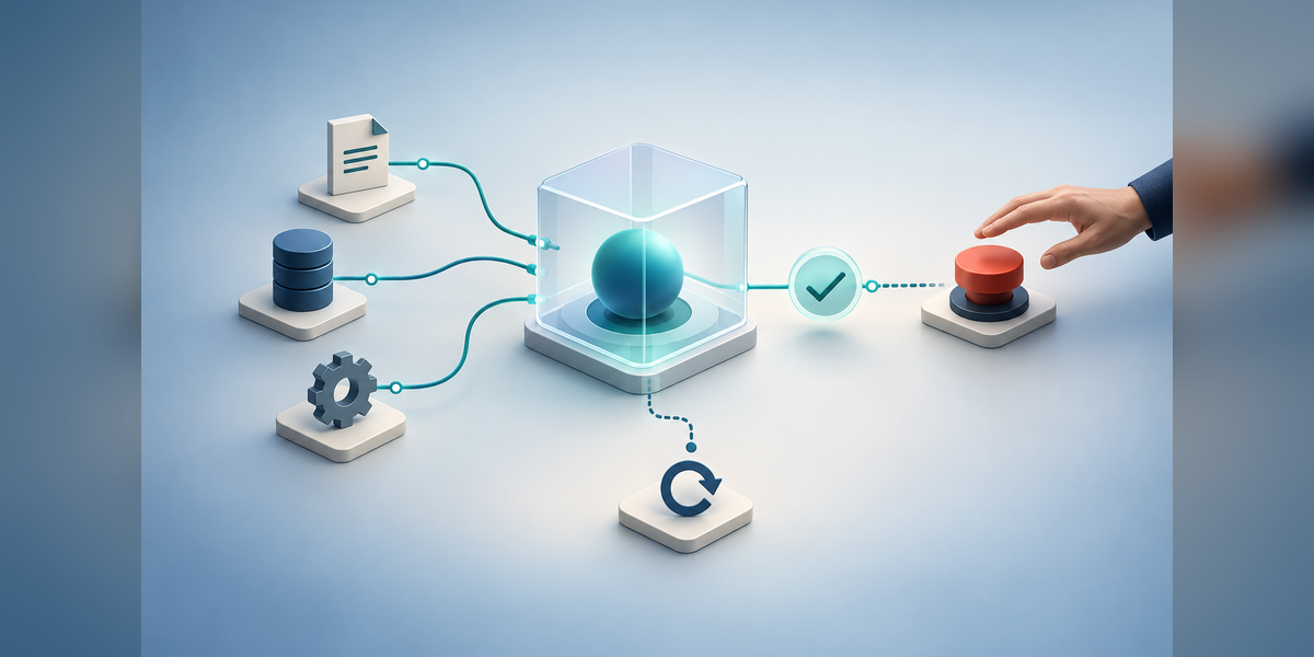 Conceptual AI agent workspace with bounded tool connections and a human-operated stop control