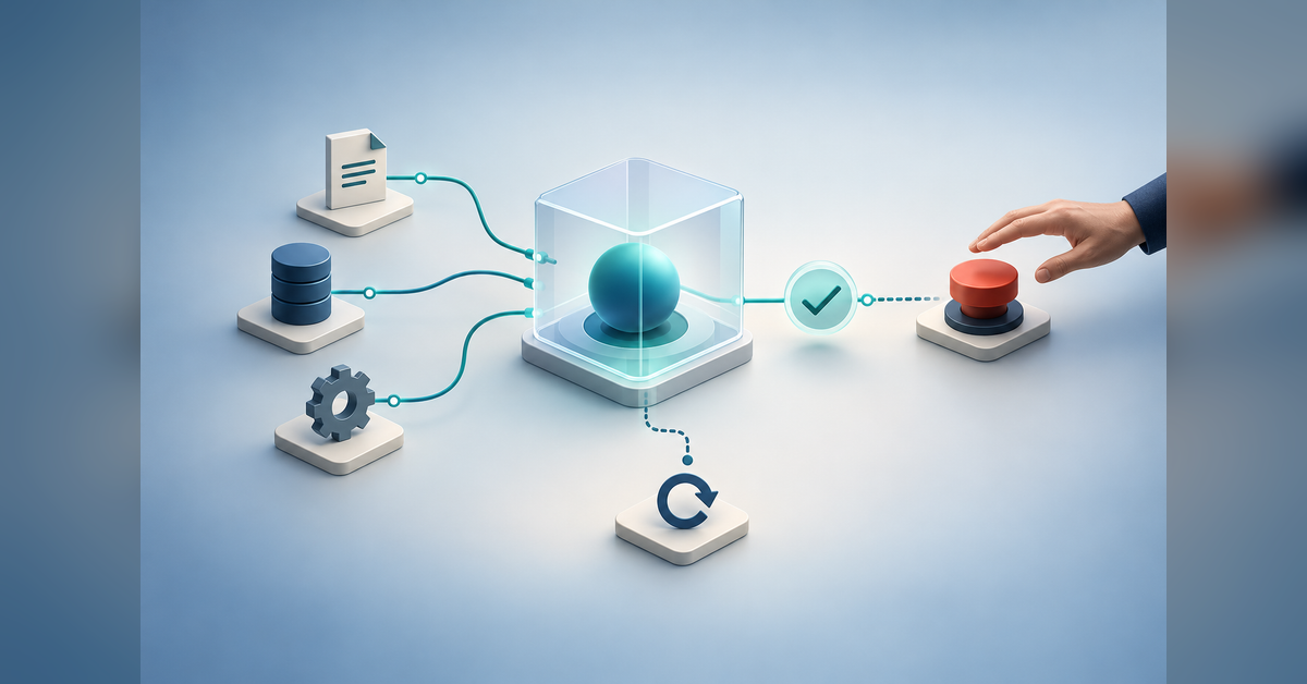 Conceptual AI agent workspace with bounded tool connections and a human-operated stop control