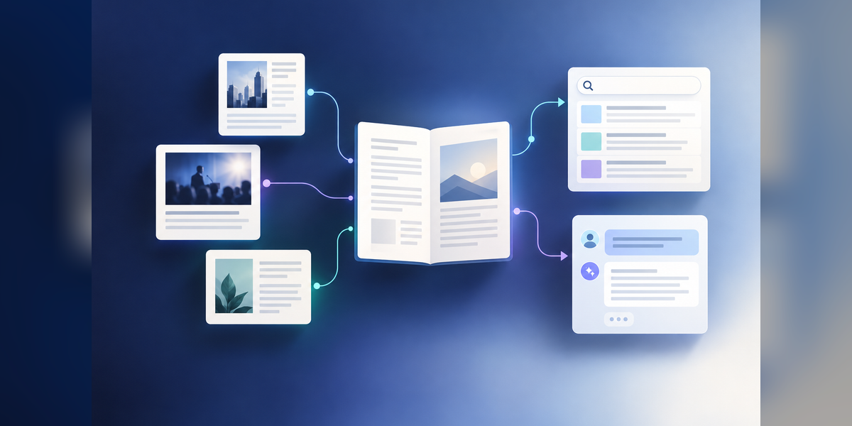 Editorial documents connected to an owned reference page, a search interface and an AI answer interface