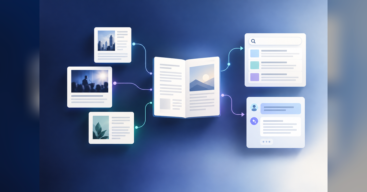 Editorial documents connected to an owned reference page, a search interface and an AI answer interface