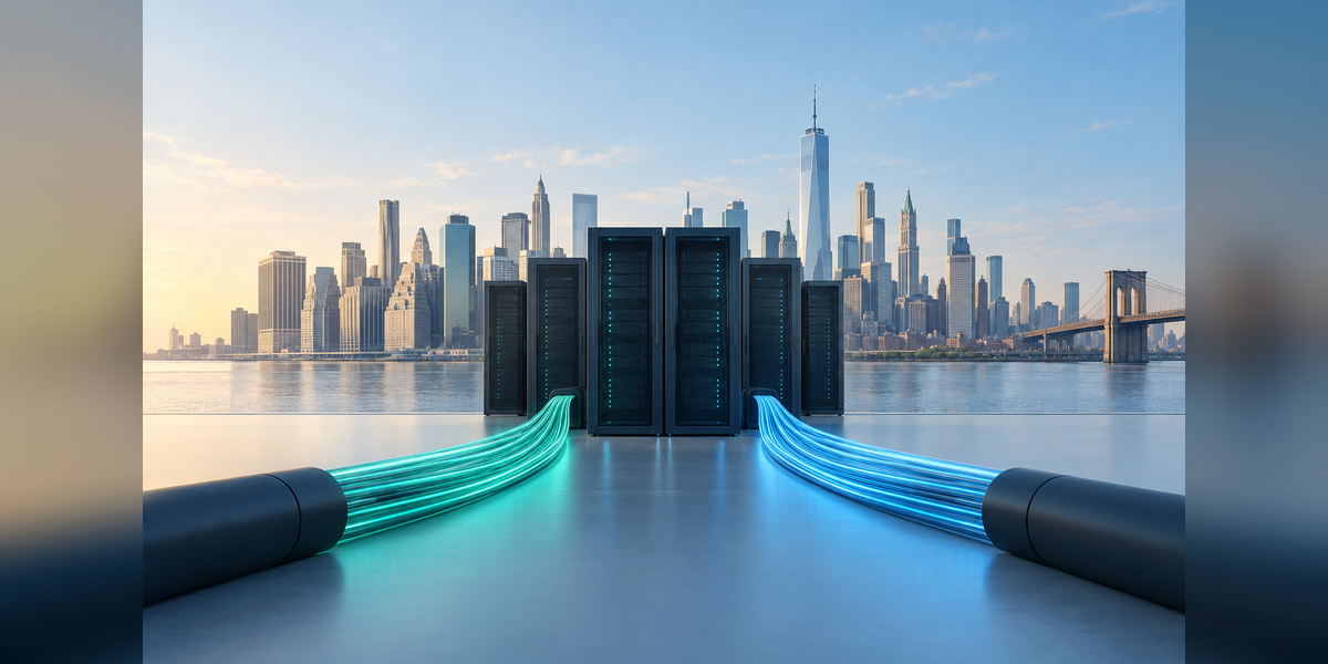 Conceptual New York City colocation infrastructure with server cabinets and separate fiber paths
