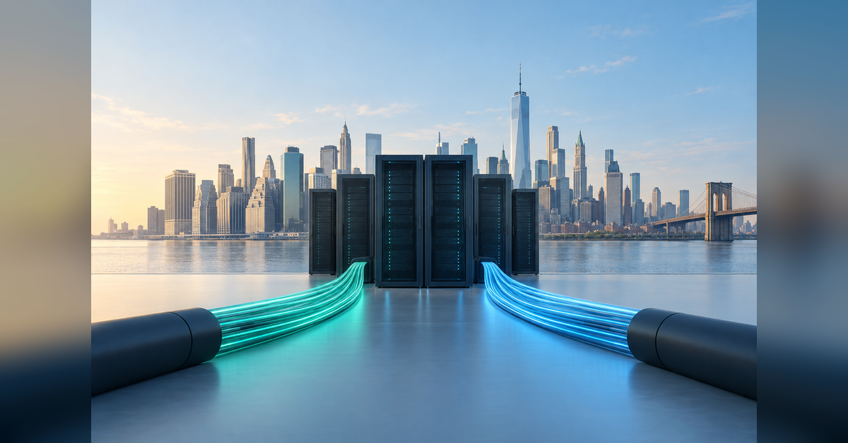 Conceptual New York City colocation infrastructure with server cabinets and separate fiber paths