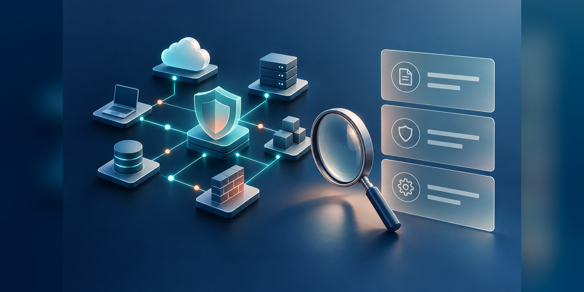 Cybersecurity SEO agency evaluation concept with a network model, blank evidence panels and an inspection lens