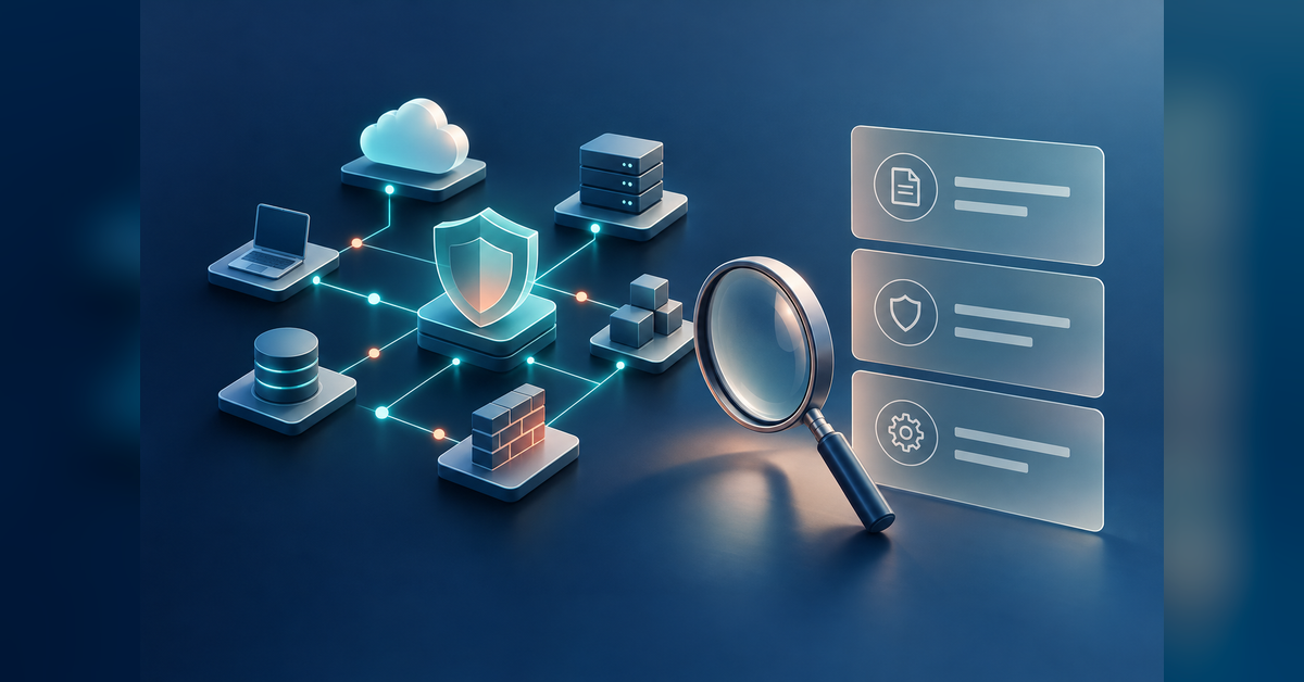 Cybersecurity SEO agency evaluation concept with a network model, blank evidence panels and an inspection lens