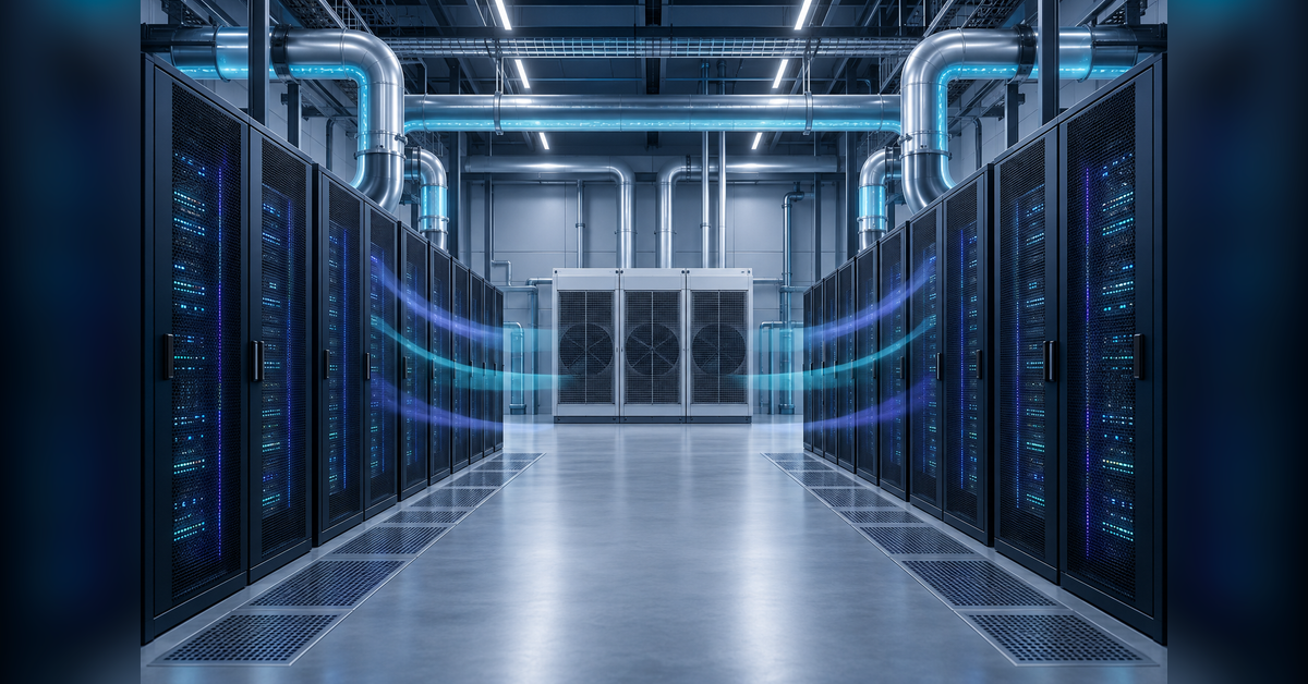 Conceptual illustration of server racks and cooling infrastructure for evaluating data center cooling providers