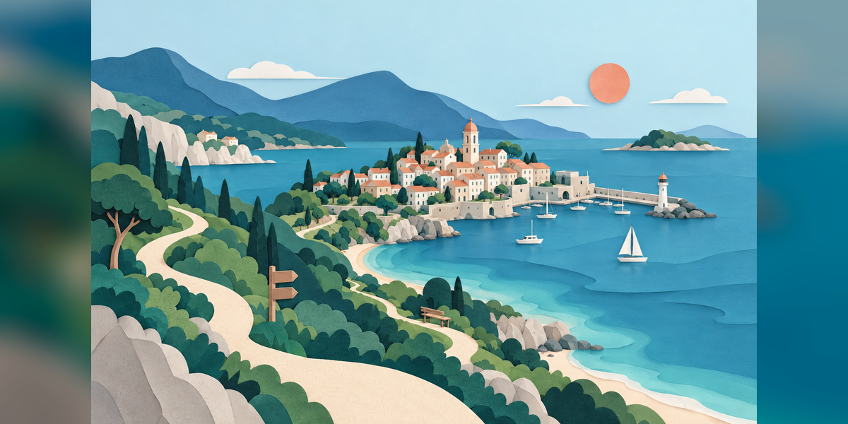 Conceptual destination with a harbor, historic town, and walking trails for a DMO SEO agency buyer guide